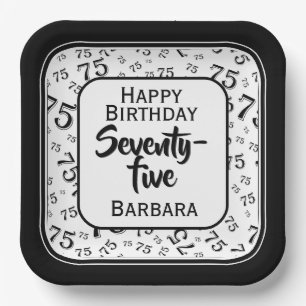 75th Party Random Number Pattern Black/White Paper Plate