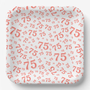 75th Party Random Number Pattern Coral/White Paper Plate
