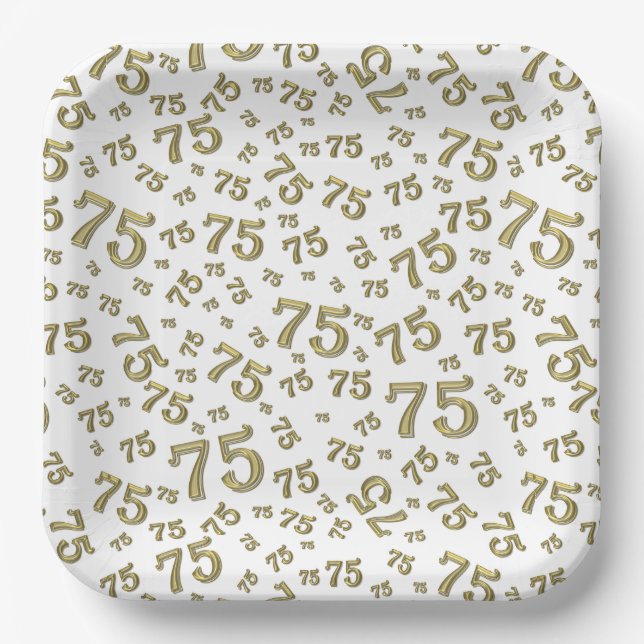 75th Party Random Number Pattern Gold/White Paper Plate (Front)