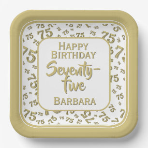 75th Party Random Number Pattern Gold/White Paper Plate