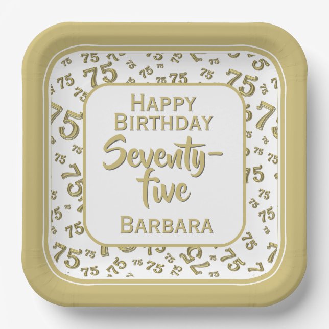 75th Party Random Number Pattern Gold/White Paper Plate (Front)