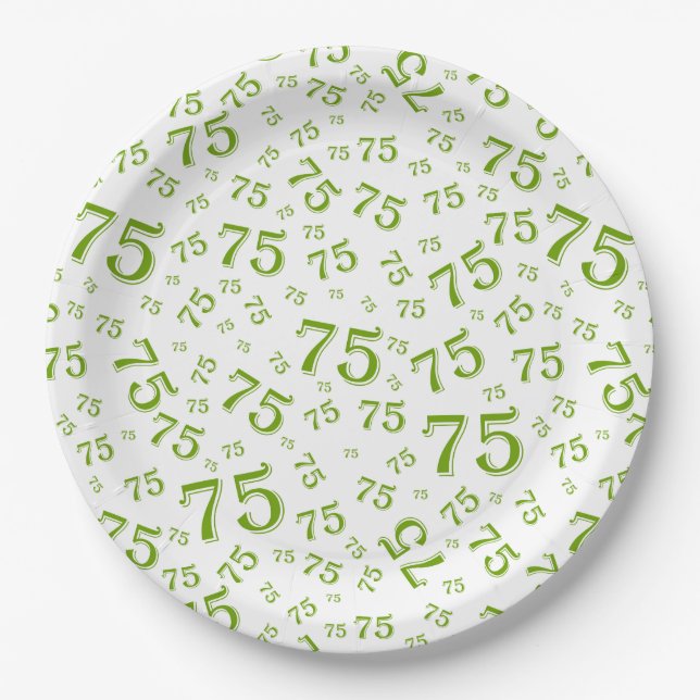 75th Party Random Number Pattern Green/White Paper Plate (Front)