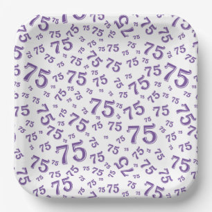 75th Party Random Number Pattern Purple/White Paper Plate
