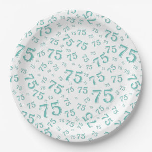 75th Party Random Number Pattern Teal/White Paper Plate