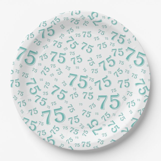 75th Party Random Number Pattern Teal/White Paper Plate (Front)