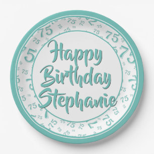75th Party Random Number Pattern Teal/White Paper Plate
