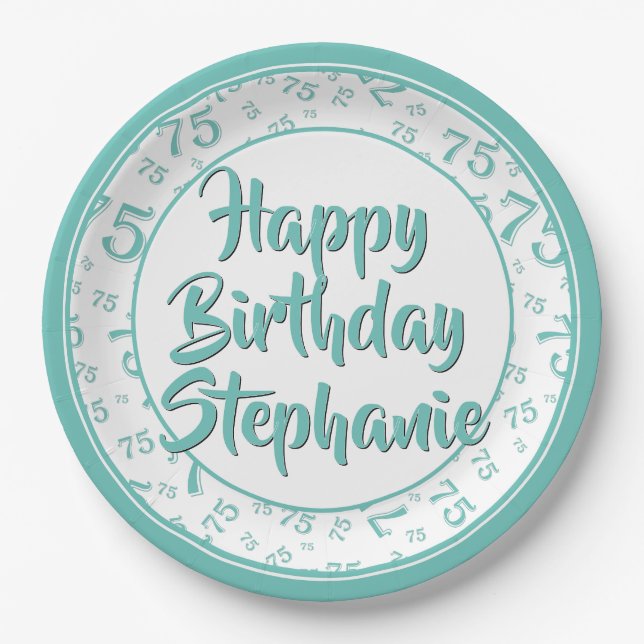 75th Party Random Number Pattern Teal/White Paper Plate (Front)