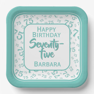 75th Party Random Number Pattern Teal/White Paper Plate