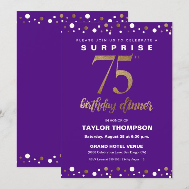 75TH Surprise birthday dinner purple gold  Invitation (Front/Back)