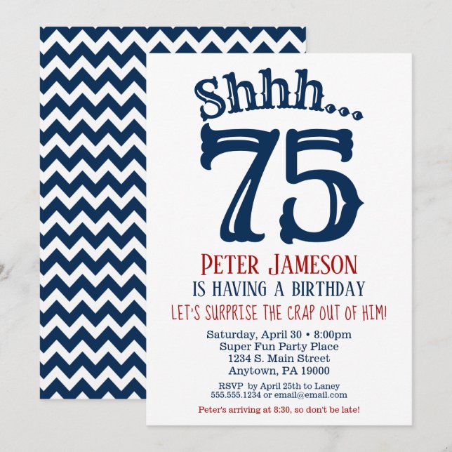 75th Surprise Birthday Invitation Mens Navy Blue (Front/Back)