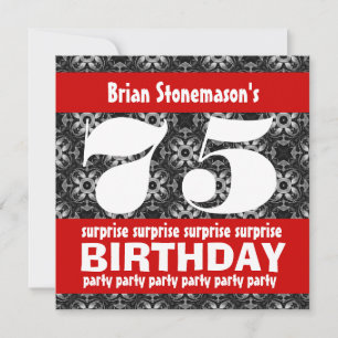 75th Surprise Birthday Party Black Red White Invitation
