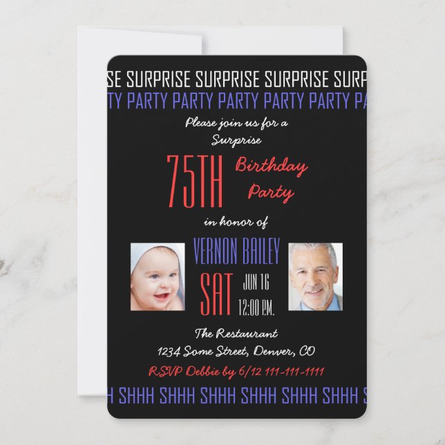 75th Surprise Birthday Party Pictures on Black Invitation (Front)