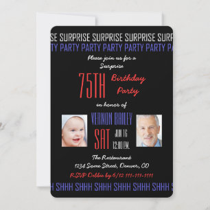 75th Surprise Birthday Party Pictures on Black Invitation