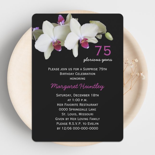 75th Surprise Birthday Party Pretty Orchid Flower Invitation (Creator Uploaded)