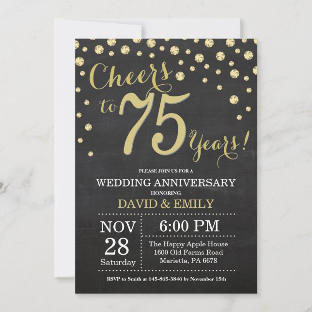 75th Wedding Anniversary Chalkboard Black and Gold Invitation (Front)