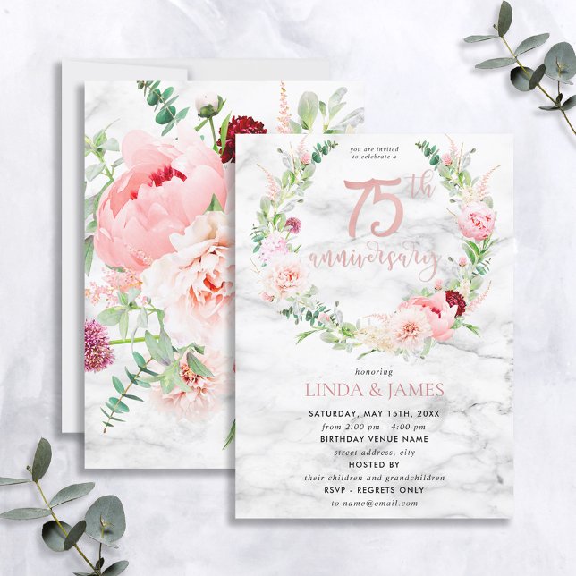 75th Wedding Anniversary Elegant Rose Gold Floral Invitation (Creator Uploaded)