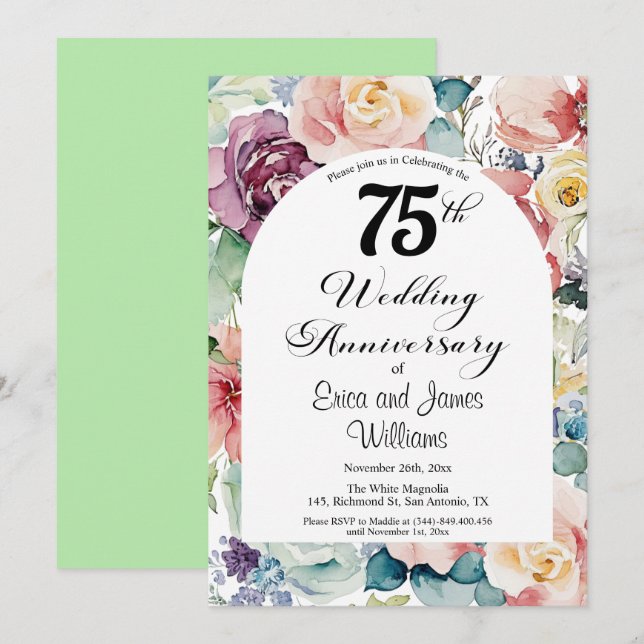 75th Wedding Anniversary Elegant Script Floral Invitation (Front/Back)