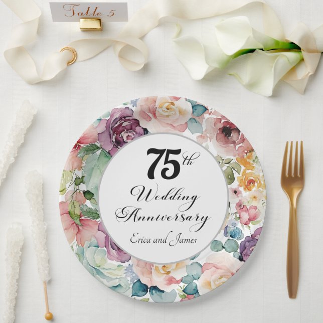 75th Wedding Anniversary Elegant Script Floral Paper Plate (Wedding)