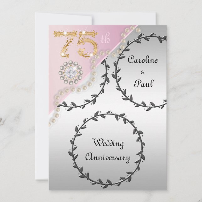 75th Wedding Anniversary Embossed Silver Rose Gold Invitation (Front)