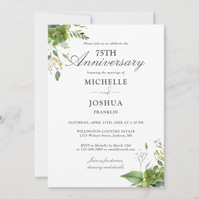 75th Wedding Anniversary Floral Greenery Photo Invitation (Front)