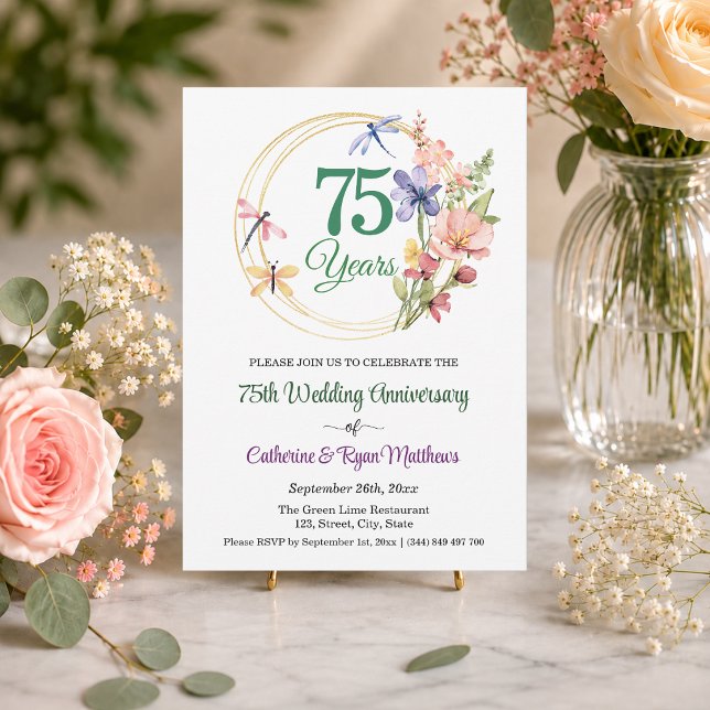 75th Wedding Anniversary Gold Frame Floral Invitation (Creator Uploaded)