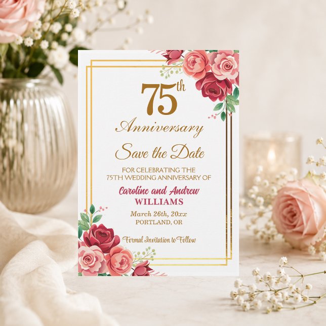 75th Wedding Anniversary Gold Frame Floral  Save The Date (Creator Uploaded)