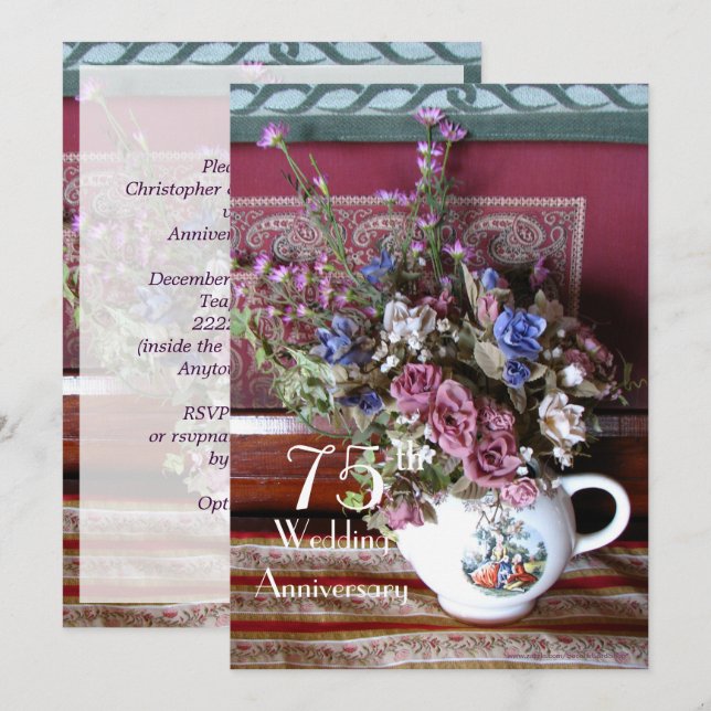 75th Wedding Anniversary Invitation Vintage Teapot (Front/Back)