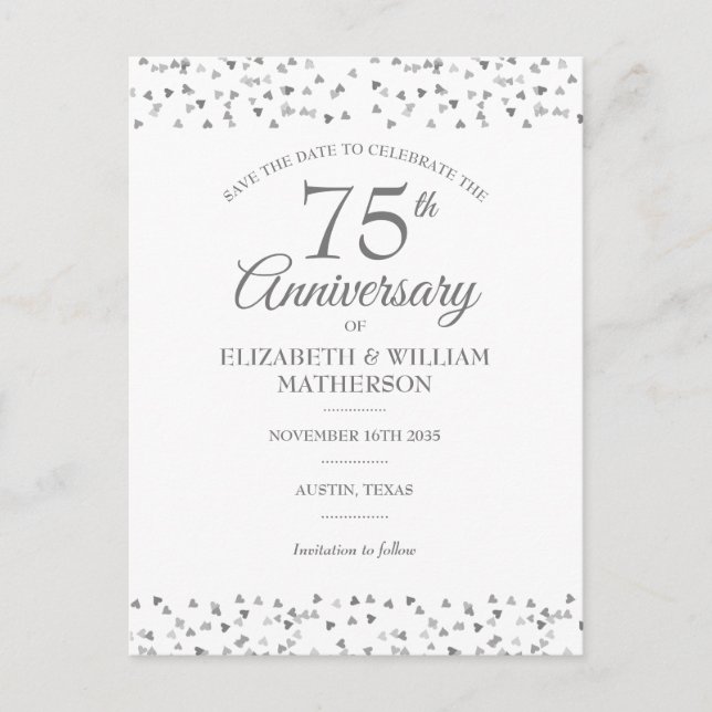 75th Wedding Anniversary Love Hearts Save the Date Postcard (Front)