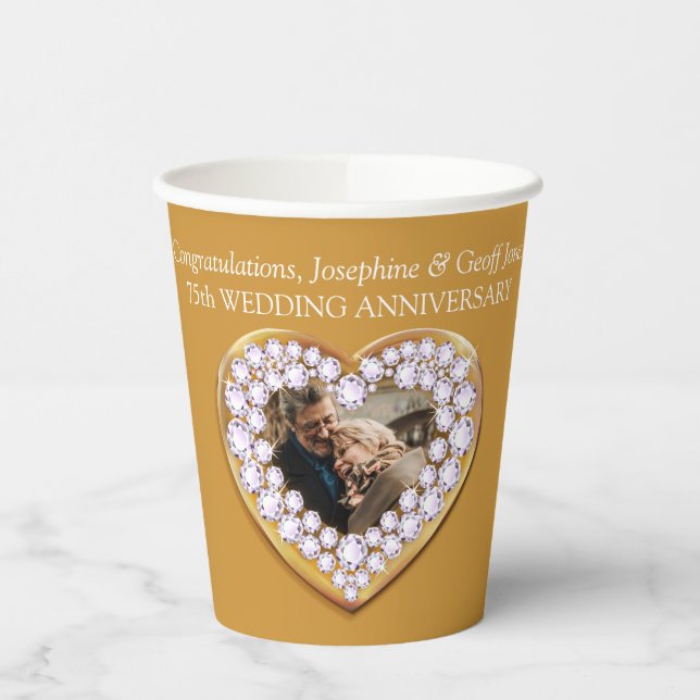 75th wedding anniversary photo gold and diamonds paper cups (Left)