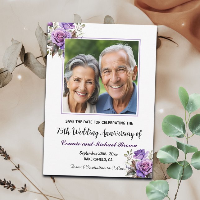 75th Wedding Anniversary Purple Roses Photo Save The Date (Creator Uploaded)