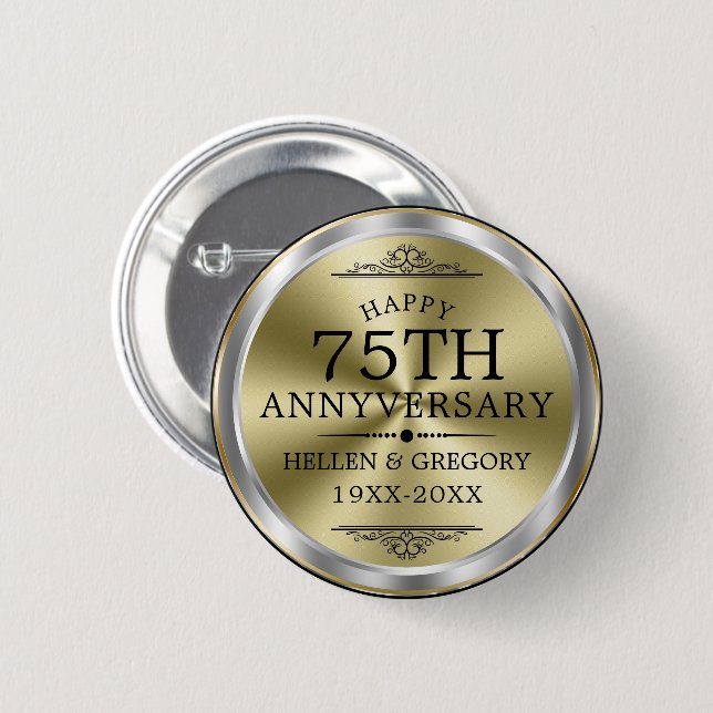 75th Wedding Anniversary Shiny Silver & Gold 6 Cm Round Badge (Front & Back)
