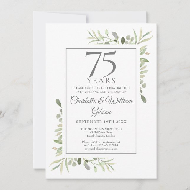 75th Wedding Anniversary Watercolor Greenery Invitation (Front)
