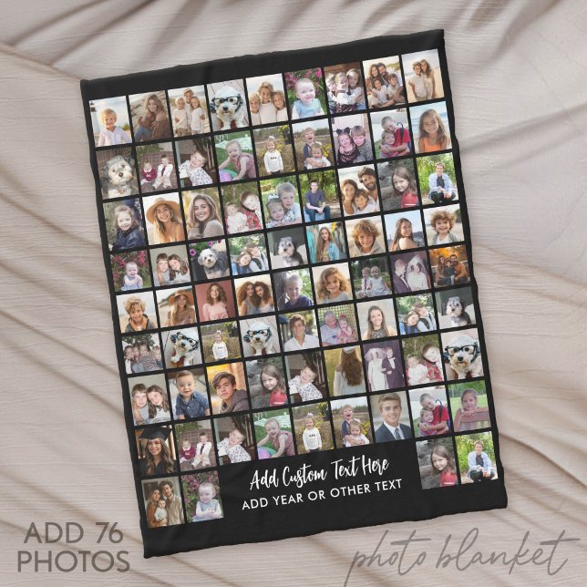 76 Photo Collage Grid with Text - black Fleece Blanket (Custom Fleece Blanket with Photo Collage)