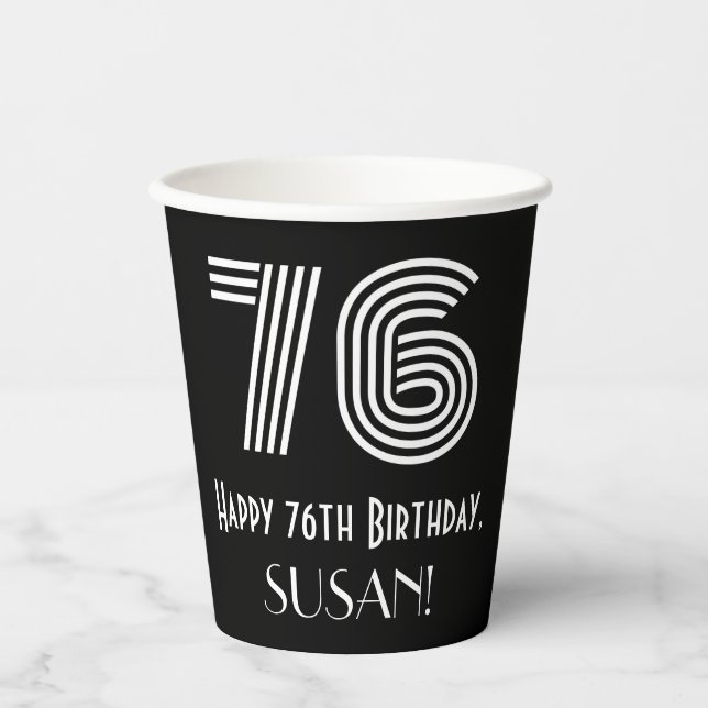 76th Birthday — Art Deco Inspired Look “76” + Name Paper Cups (Front)