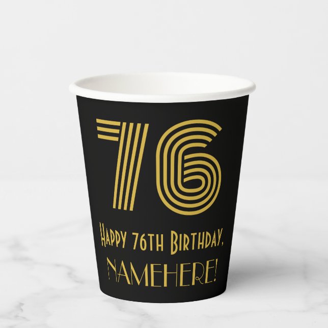 76th Birthday: Art Deco Inspired Look “76” & Name Paper Cups (Front)
