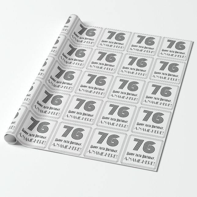 76th Birthday: Art Deco Inspired Style "76" + Name Wrapping Paper (Unrolled)