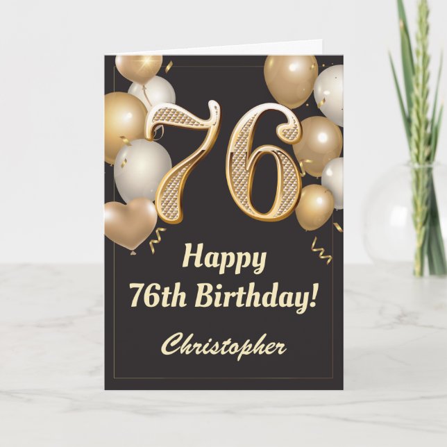 76th Birthday Black and Gold Balloons Confetti Card (Front)