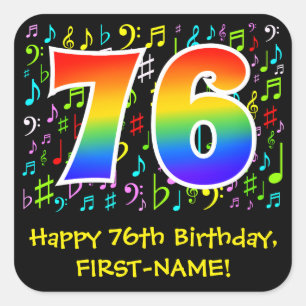 76th Birthday: Colourful Music Symbols, Rainbow 76 Square Sticker