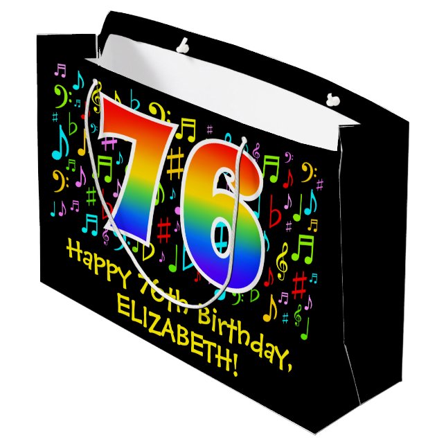 76th Birthday - Colourful Music Symbols, Rainbow 7 Large Gift Bag (Back Angled)