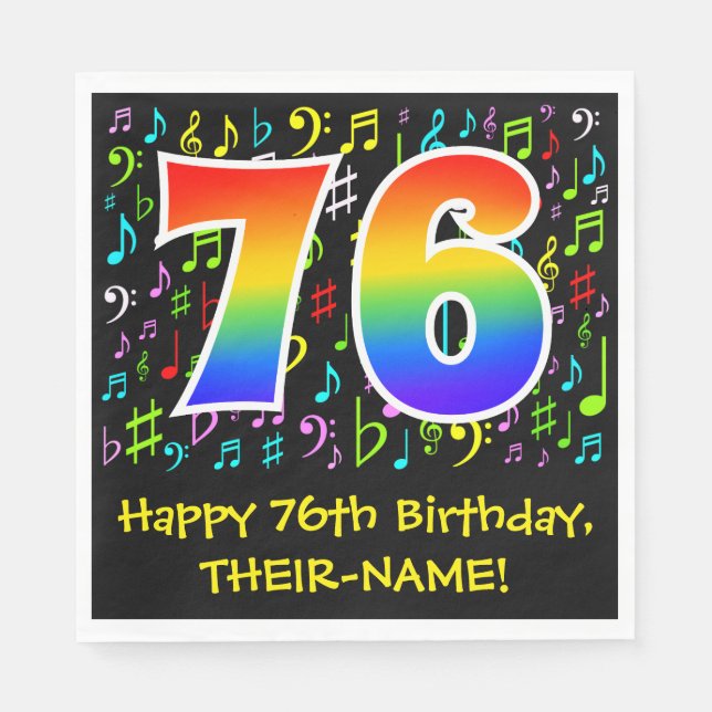 76th Birthday - Colourful Music Symbols, Rainbow 7 Napkin (Front)