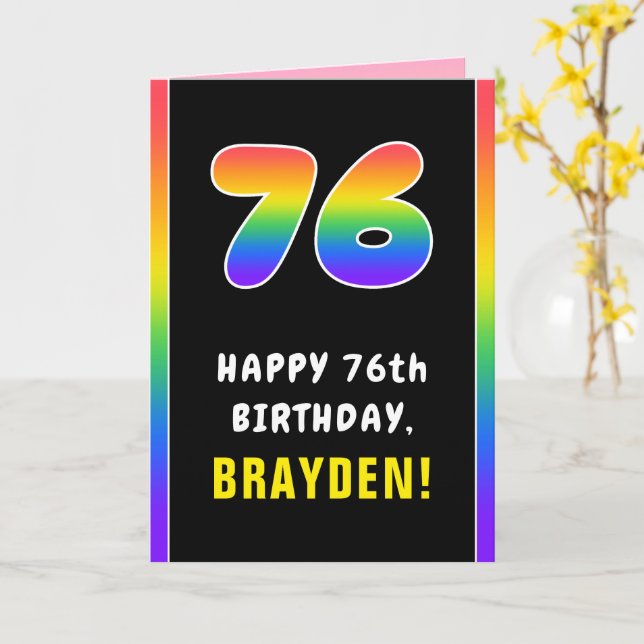 76th Birthday: Colourful Rainbow # 76, Custom Name Card (Yellow Flower)