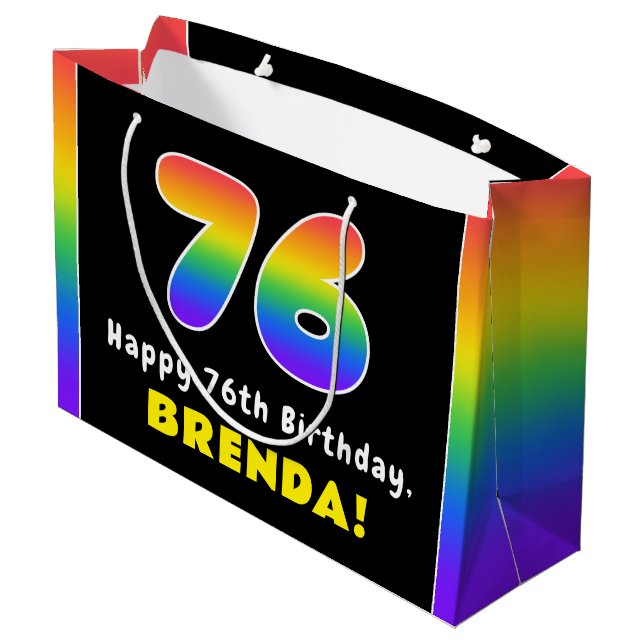 76th Birthday: Colourful Rainbow # 76, Custom Name Large Gift Bag (Back Angled)