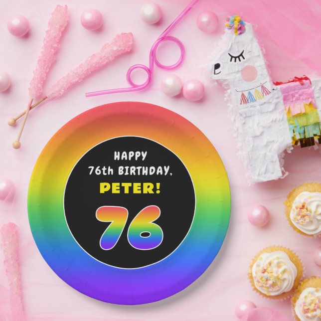 76th Birthday: Colourful Rainbow # 76, Custom Name Paper Plate (Party)