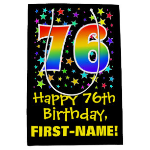76th Birthday: Colourful Stars Pattern & Rainbow 7 Medium Gift Bag