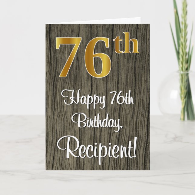 76th Birthday: Elegant Faux Gold Look #, Faux Wood Card (Front)