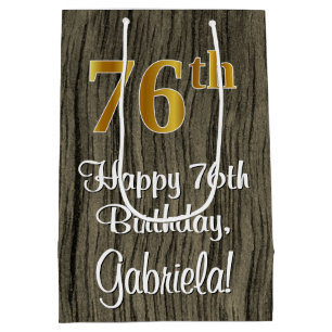 76th Birthday: Elegant Faux Gold Look #, Faux Wood Medium Gift Bag