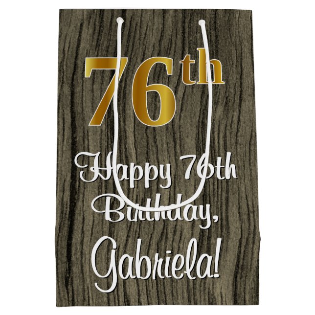 76th Birthday: Elegant Faux Gold Look #, Faux Wood Medium Gift Bag (Back)