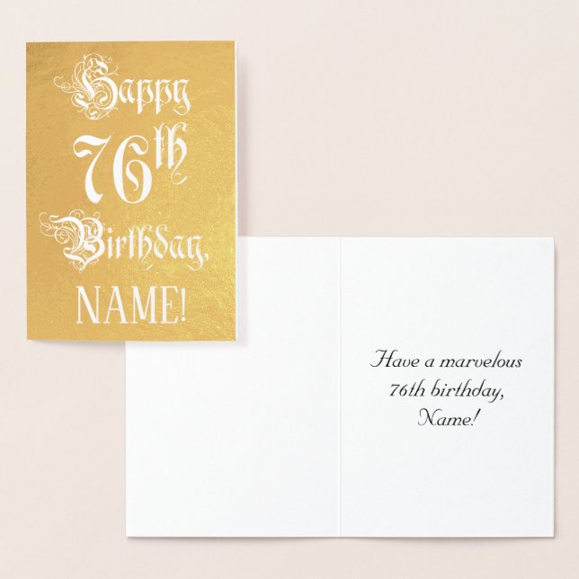 76th Birthday: Elegant, Ornate Script; Custom Name Foil Card (Display)