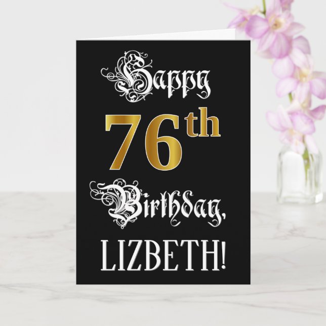 76th Birthday — Fancy Script; Faux Gold Look; Name Card (Orchid)