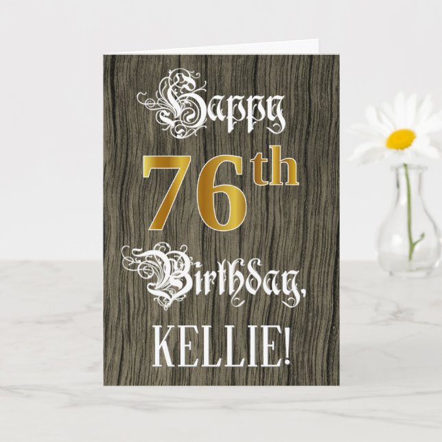 76th Birthday: Faux Gold Look + Faux Wood Pattern Card (Small Plant)